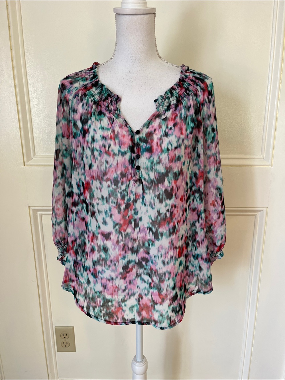 a.n.a Sheer Floral Print Blouse in Pink and Green